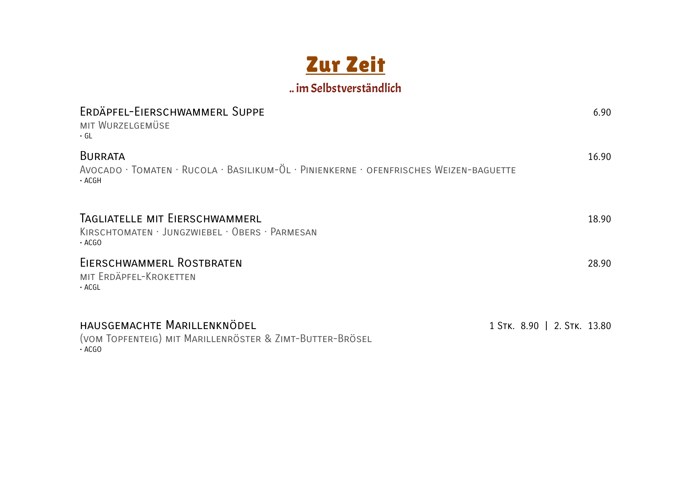 Aktuelle Zur Zeit Speisekarte
